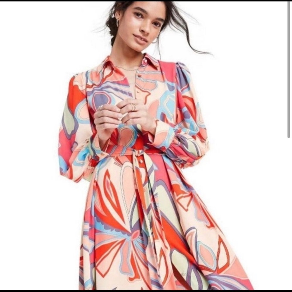 Alexis retro mixed flowy long sleeves robe dress 70s xxs s